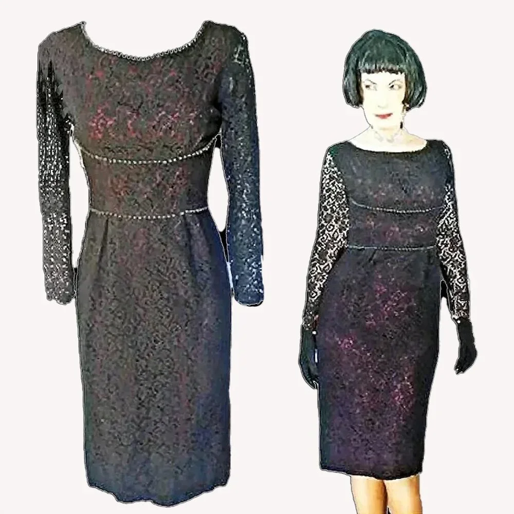Vintage Little Black Lace Sheath Long Sleeve Cocktail Dress ~ VFG ~OOAK - Picture 3 of 13